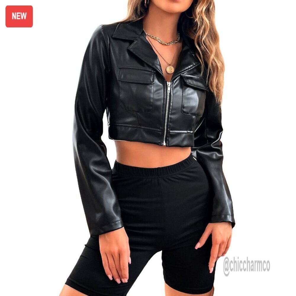 PU Leather Cropped Jacket with Zipper and Pockets, Women's Casual Wear